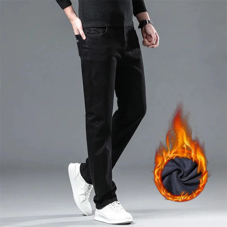 Calça Jeans Masculina Forrada de Lã para Inverno, Reta, Elástica, Preta, de Veludo Grosso, Quente, Casual, Masculina, Tamanhos Grandes