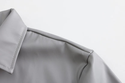 Casual Pure Color Slim Fit PU Leather Long Jacket Men's Coat with Lining Autumn Fashion Quality Outerwear Male Model