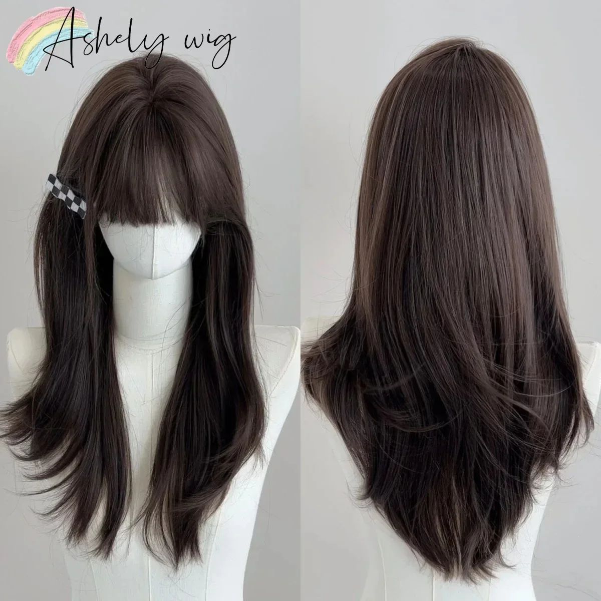 Peruca Ashely Roxo Escuro Feminina 55 cm Cabelo Longo Franja Cortina Camadas Liso Natural Cabelo Sintético Cosplay Perucas Lolita