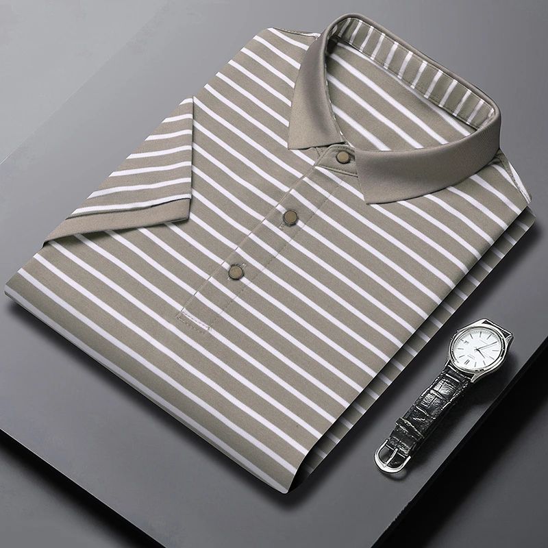2024 Men's New Striped Cotton Business Casual Short Sleeved POLO Shirt Fashion Short Sleeved Comfortable and Breathable Top