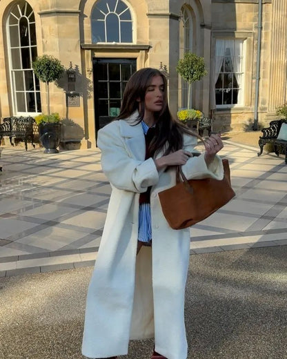 Elegant White Lapel Woolen Long Coat Women Fashion Full Sleeve Single-breasted Warm Loose Coats Lady Winter Commute Street Wear