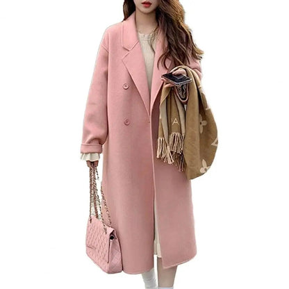 Women Coat Double-Breasted Mid-length Outerwear Lapel Stylish Warm Mid-Length Double Pockets Winter Coat Lady Accessories