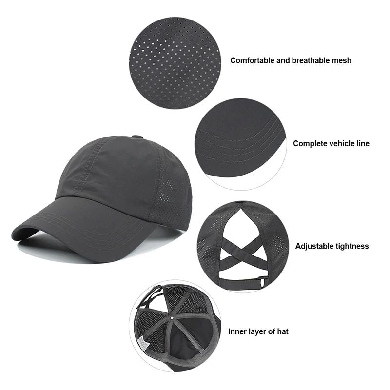 Boné de Beisebol de Verão Cor Sólida Roupa de Golfe Feminina Esporte Lazer Boné Cruzado com Rabo de Cavalo Chapéu de Malha Secagem Rápida Meio-Oco Boné Masculino com Aba Curva