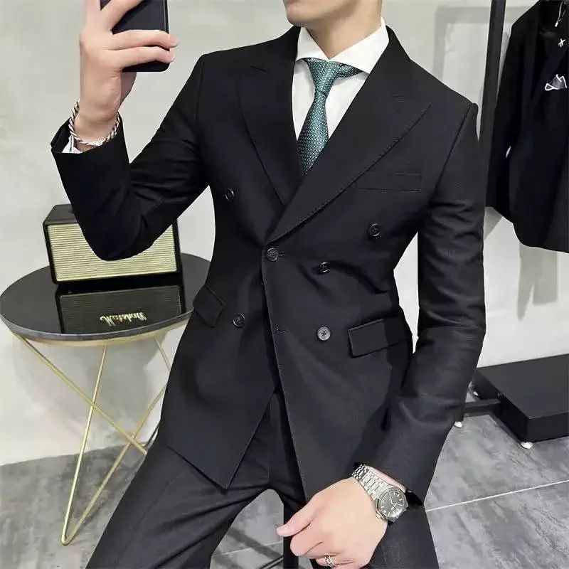 Jacket for Men Dress Jackets Coats Double Breasted Black Business Man Suits and Blazers Simple New in Korean Style Clothes 2025