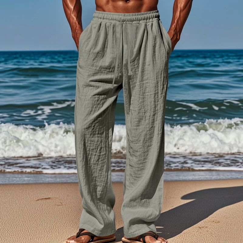 Calça Casual Masculina de Linho com Elástico na Cintura, Calça de Praia Leve com Cordão, Calça de Yoga de Verão Cor Sólida, Calça de Praia