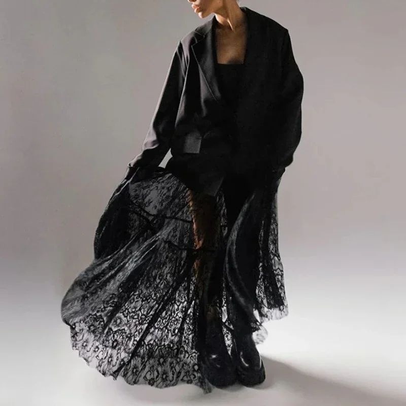 Lace Jacquard Transperant Skirt Women Summer New High Waist Sexy Casual Long Skirts 2025 Streetwear Fashion Black Maxi Skirt
