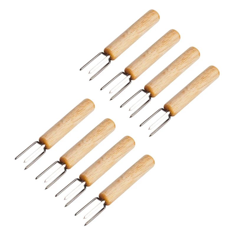 2/4/8Pcs Stainless Steel Corn Holders with Wooden Handle Corn on The Cob Skewers Fruit Anti-scald Forks Outdoor Cooking BBQ Tool