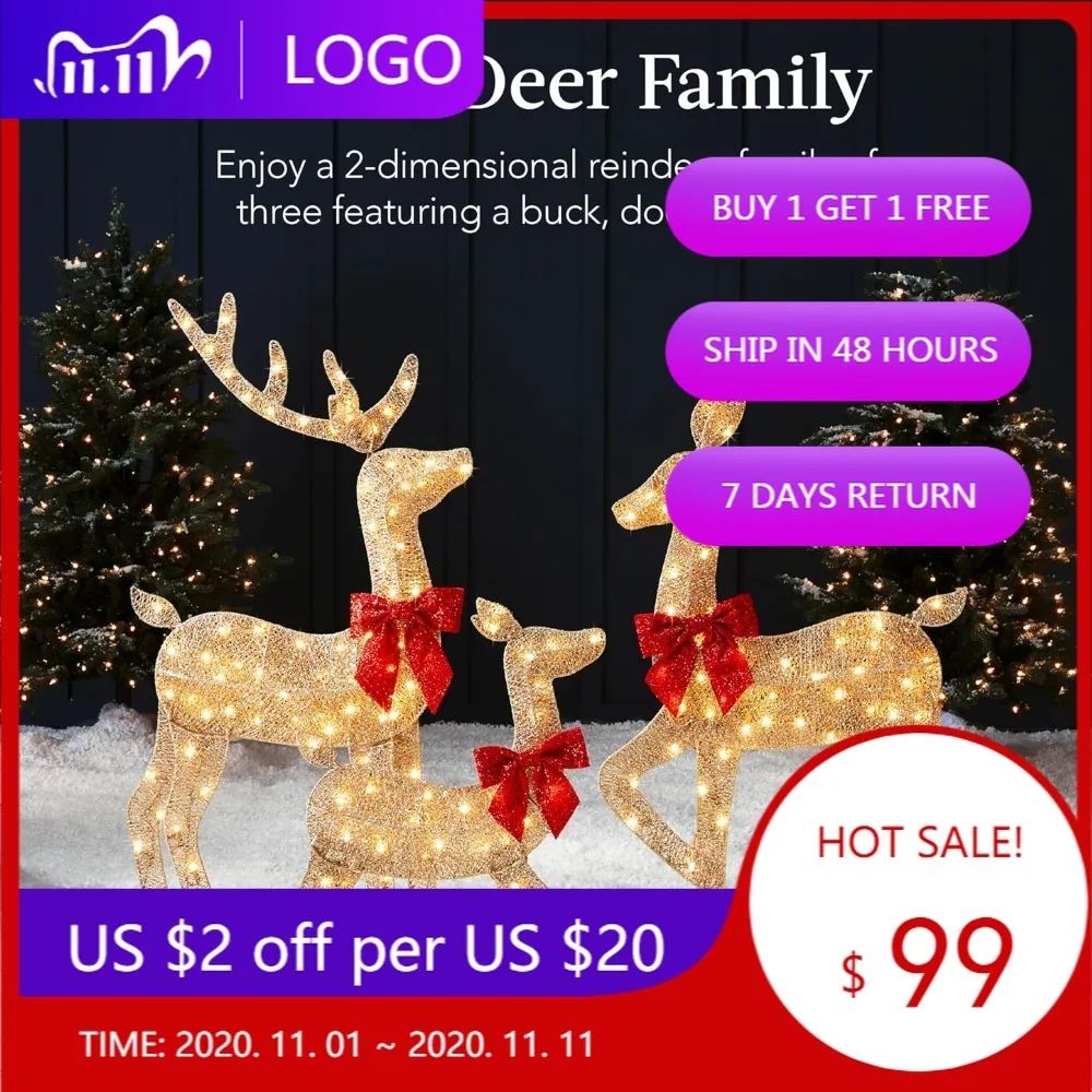 Elegant 4ft 3-Piece 2D Illuminated Christmas Deer Family, Large Outdoor Yard Decoration with 175 Lights
