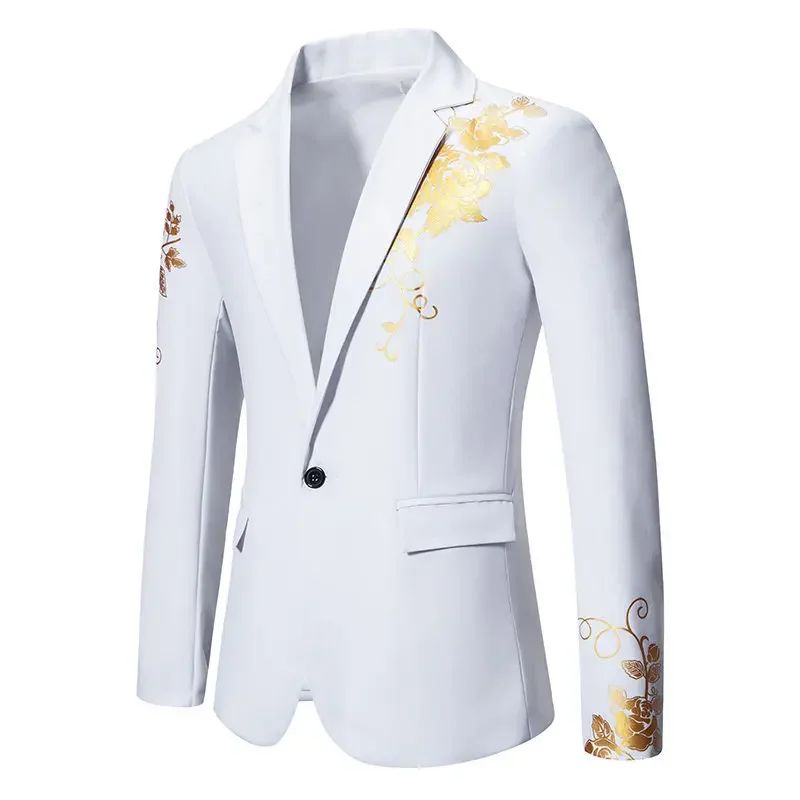 2024 New Men Business Social Suit Loose Jacket Black / White / Royal Blue Fashion Male Wedding Prom Party Rose Printed Blazers