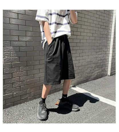 Summer New Y2K Solid Color Cotton Loose Men's Sports Pants Shorts Street Wear Simple Drawstring Straight Casual Shorts Male
