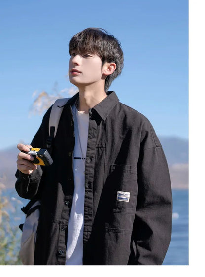 Japanese Series Men's Shirts Casual Vintage Cargo Jacket Top Spring Autumn Solid Blouses Single Breasted Male Clothes Streetwear