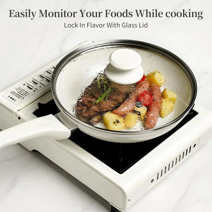 Ceramic Nonstick Frying Pan Set - White Pans With Lids, Induction Skillets for Eggs & Omelets, Healthy No Toxic Cookware,