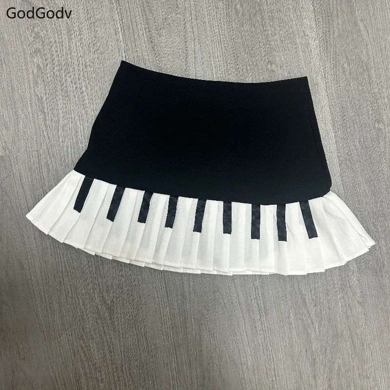 2000s Aesthetic Elegant Women Piano Skirt Stripe Design Y2k Slim Mini Skirt Female Black White Spliced Korea Style Chic Outfits