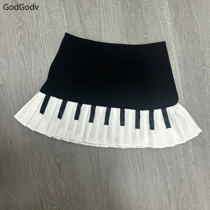 2000s Aesthetic Elegant Women Piano Skirt Stripe Design Y2k Slim Mini Skirt Female Black White Spliced Korea Style Chic Outfits