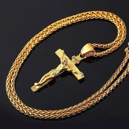 Novo Colar Religioso de Cruz de Jesus para Homens, Pingente de Cruz Banhado a Ouro da Moda com Corrente, Joias de Presente para Homens e Mulheres