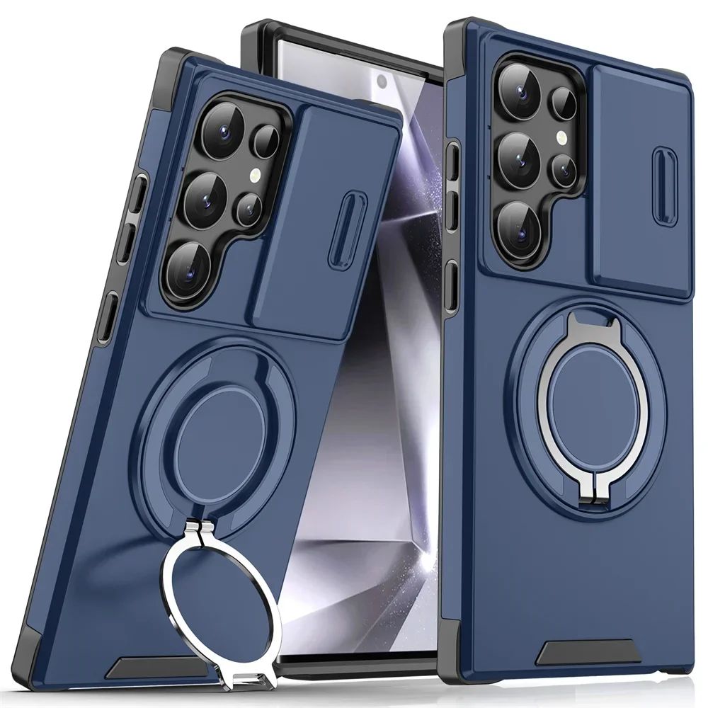 Capa Armor com Suporte Magnético para Samsung S25 S24 S22 S21 S23 S20 Ultra Plus FE com Proteção de Câmera Deslizante e Antichoque