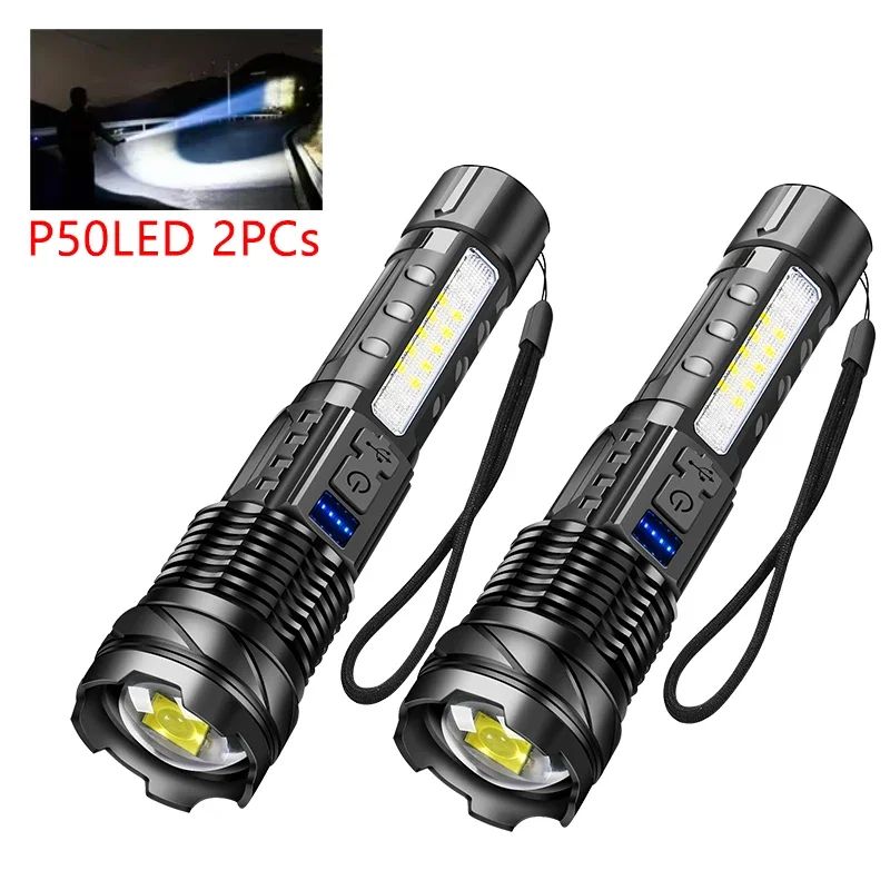 Powerful XHP50 LED Flashlight Waterproof Torch With Side Light 7 Modes Camping Fishing Lantern Type C Rechargeable Zoom Lamp