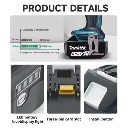 Bateria Makita 100% Original, bateria recarregável 18V 6.0Ah, substituindo Makita BL1830B L1840B L1850B L1860B, bateria para ferramenta elétrica