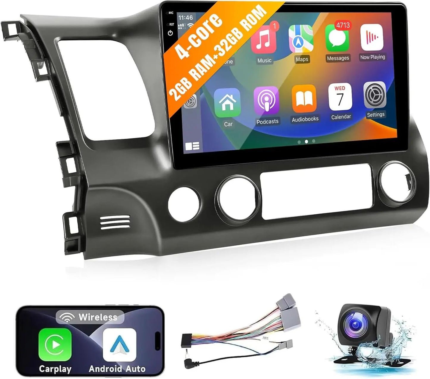 Suporte de Rádio Estéreo para Carro CarPlay e Android Auto Sem Fio para Honda Civic 2006-2011 Tela Sensível ao Toque IPS de 10" Bluetooth/WiFi/Câmera Traseira