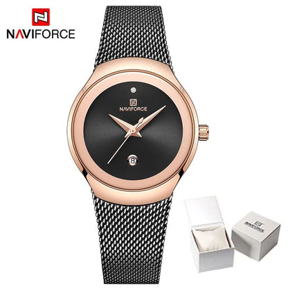 NAVIFORCE Luxury Green Analog Date Quartz Fashion Ladies Watches Mesh Steel Strap Waterproof Business Women Wristwatch Clocks