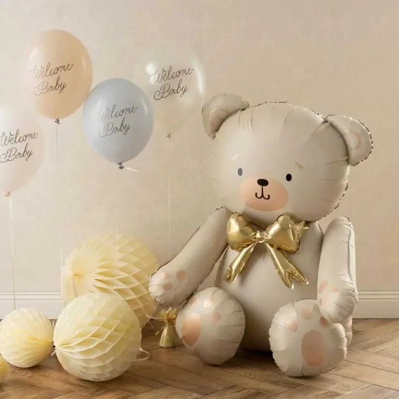 Cartoon 3D Matte Seated Bear Aluminum Foil Balloon with Button Bow Baby Shower Birthday Wedding Party Decorations Kids Gift Toys