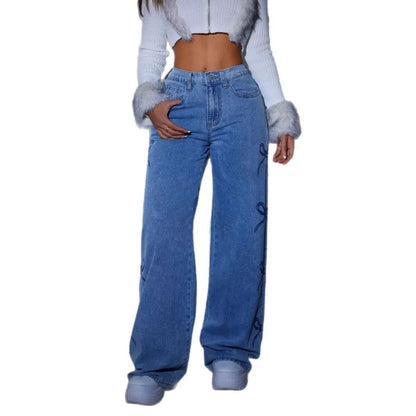 Denim Pants Women Bow Print Jeans High Waist Washed Distressed Straight Trousers Vintage Floor Length Streetwear Wide Leg Pants