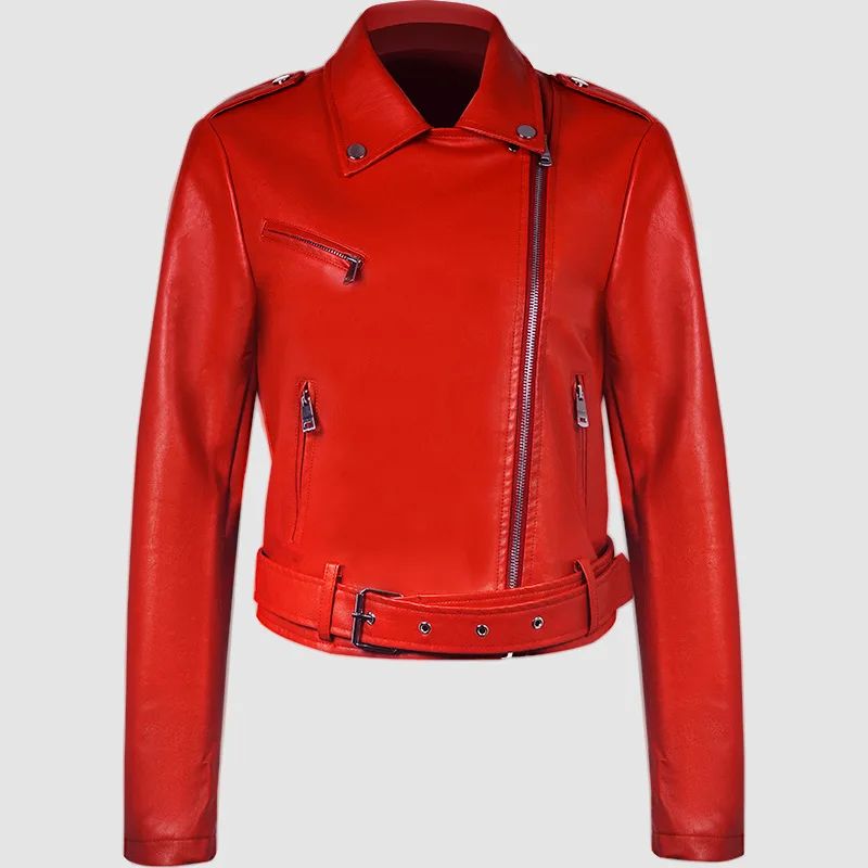 Women's Bright Red Long-sleeve PU Jacket, Lapel Collar Black Short Faux Leather Coat, Available in Dark Brown or Beige.
