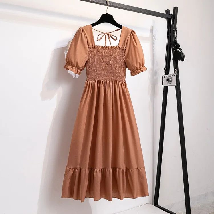 Spring Summer Elastic Waist Chiffon Dress Women Casual Dresses Fashion Female  Vestidos Short Sleeve Pleated A-line Dresses