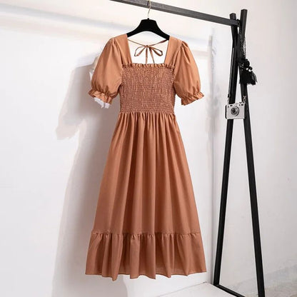 Spring Summer Elastic Waist Chiffon Dress Women Casual Dresses Fashion Female  Vestidos Short Sleeve Pleated A-line Dresses