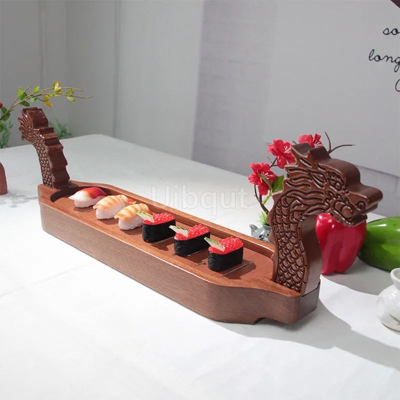 Barco de dragão de madeira gelo seco barco de sensação marítima buffet travessa de frutos do mar prato de mesa sushi prato criativo barco bento esteira de sushi bento onigiri