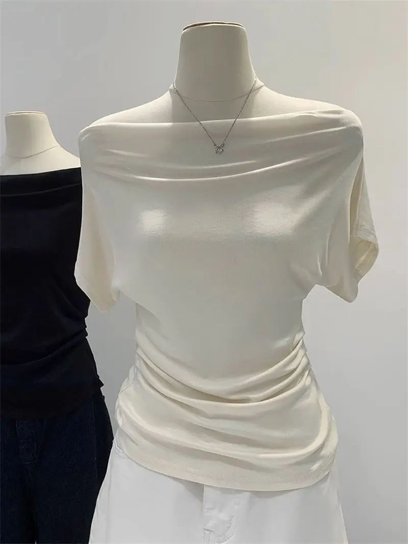 Ultra-Hand Feel Modal Cotton Short Sleeve T-Shirt Women Summer Design Slim Fit Shoulder Baring Fashionable Top