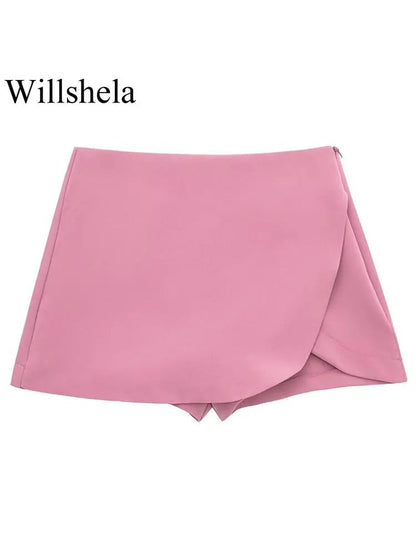 Willshela Women Fashion Solid Side Zipper Skirts Shorts Vintage High Waist Female Chic Lady Shorts