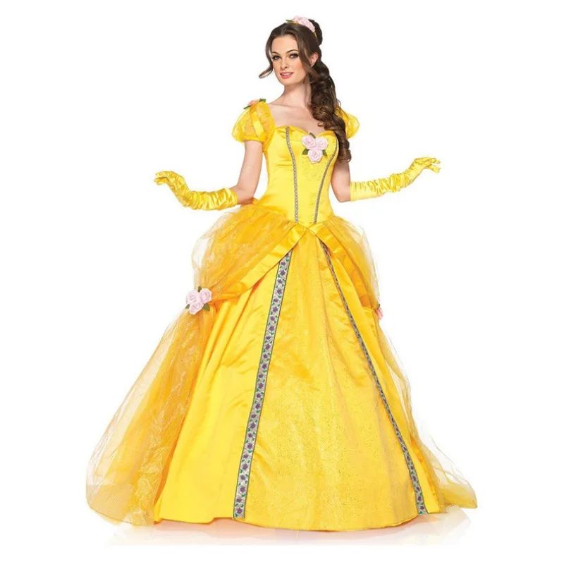 Beauty And The Beast Bell Yellow Long Dress Halloween Costume Belle Princess Dress Masquerade Carnival Adult Belle Roles Suit