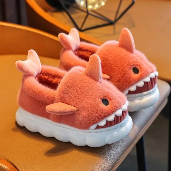Winter Heel Wrap Cotton Children's Slippers Cute Cartoon Shark Non-slip Soft Sole Kids Boys Girls Junior Warm Plush Home Shoes