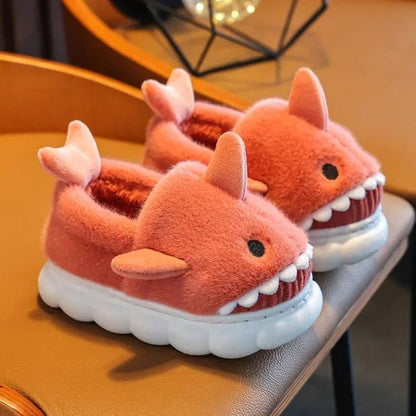 Winter Heel Wrap Cotton Children's Slippers Cute Cartoon Shark Non-slip Soft Sole Kids Boys Girls Junior Warm Plush Home Shoes
