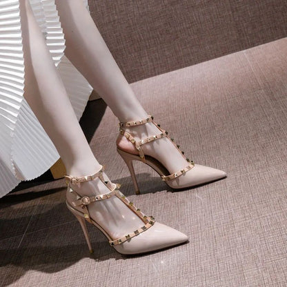Riveted Nude High Heel Sandals for Women in Summer 2024, New Slim Heeled Pointed Fashion Sexy Back Empty Women's Sandals