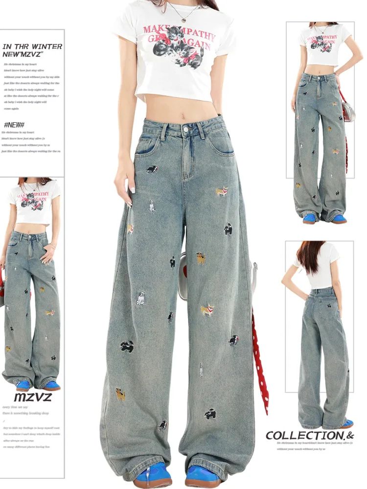 Plus Size Women's Black Dog Embroidery Loose Wide Leg Jeans High Waist Straight Cut Slimming Denim Pants Spring Autumn