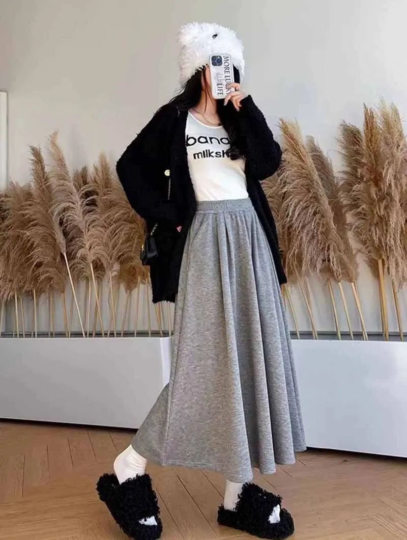 Smvp High Quality Knitted Long Skirt Women Autumn Winter Thick Warm A-Line Skirt Female Solid Casual Wild High Waist Skirts