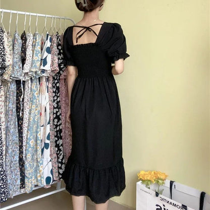 Spring Summer Elastic Waist Chiffon Dress Women Casual Dresses Fashion Female  Vestidos Short Sleeve Pleated A-line Dresses