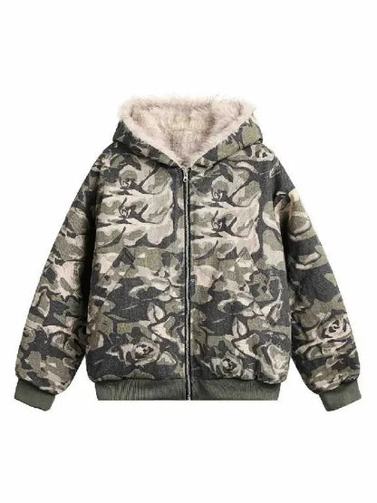 American Retro Camouflage Rose Fleece Lined Hooded Jacket Men and Women Y2K Zipper Warm Jacket Military Green Casual Winter Top