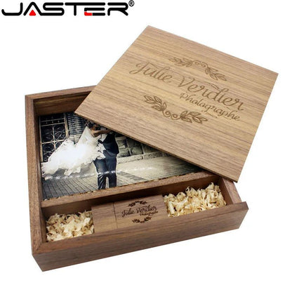 JASTER Álbum de Fotos de Nogueira com Bordo, USB de Madeira + Caixa, Pen Drive de 128 GB 64 GB, Disco U, Fotografia, Presente de Casamento, Logotipo Personalizado Gratuito