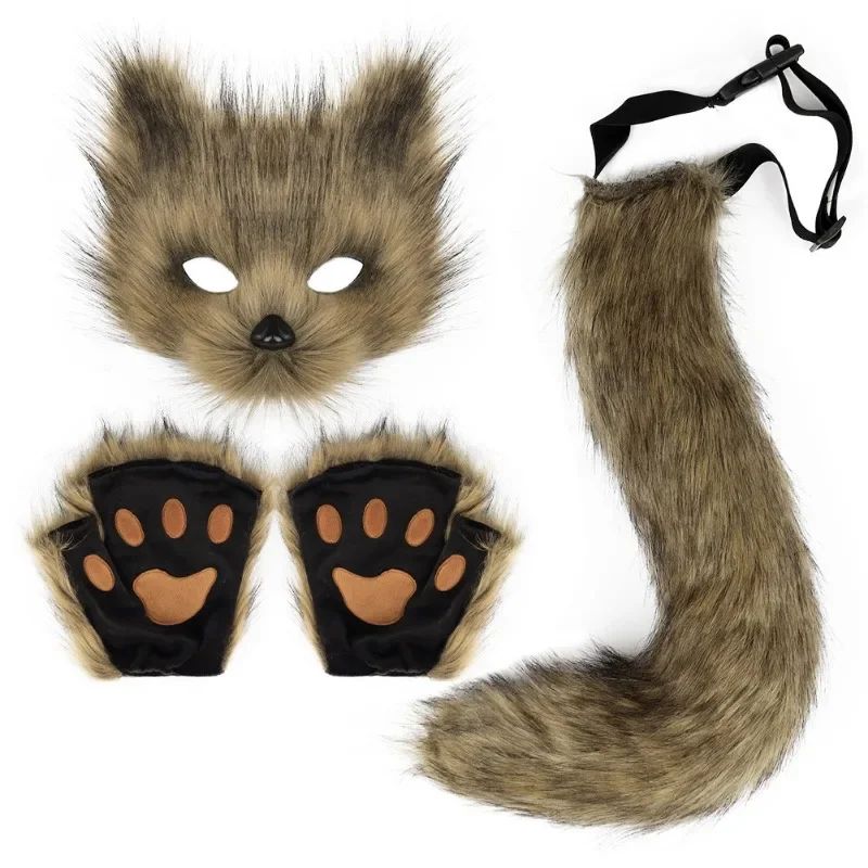 Costume Set Fox Tail Ears Gloves Artificial Fur Boot Covers Cosplay Halloween Prop Adult Women Men Unisex