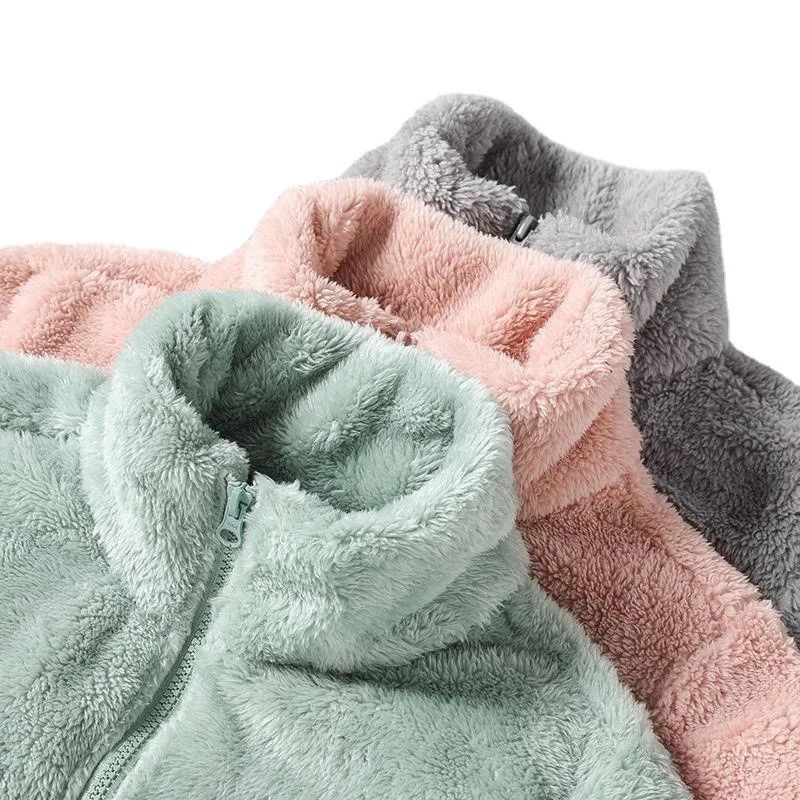 Thickened Fleece Jacket Women's Outdoor Spring Autumn Winter Double-Sided Sweatshirt Open Cardigan Polyester Fiber Stand Collar