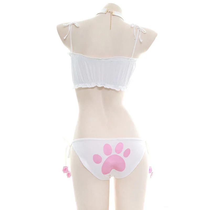 Anime  Cute Cat Paw Bikini Swimsuit Costume Summer Beach  Mini Lovely Cats Bell Swimwear Uniform Cosplay Cats Hollow Bra
