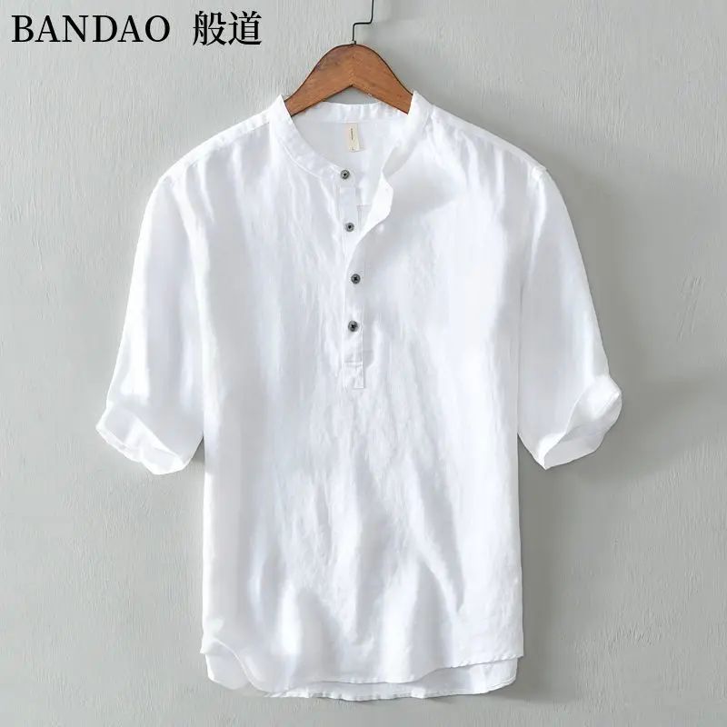 Chinese Style Spring and Summer Loose High-end Men's Linen Short-sleeved Cotton Linen Casual Breathable Shirt Collar T-shirt