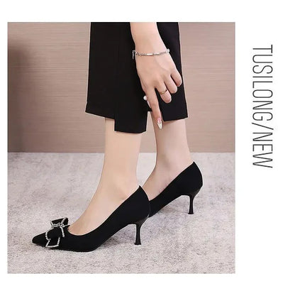 Versatile New Single Shoes Autumn and Winter  Sexy Pointy Rhinestone Black Mature Women's Thin Heels High-heel Zapatos Mujer