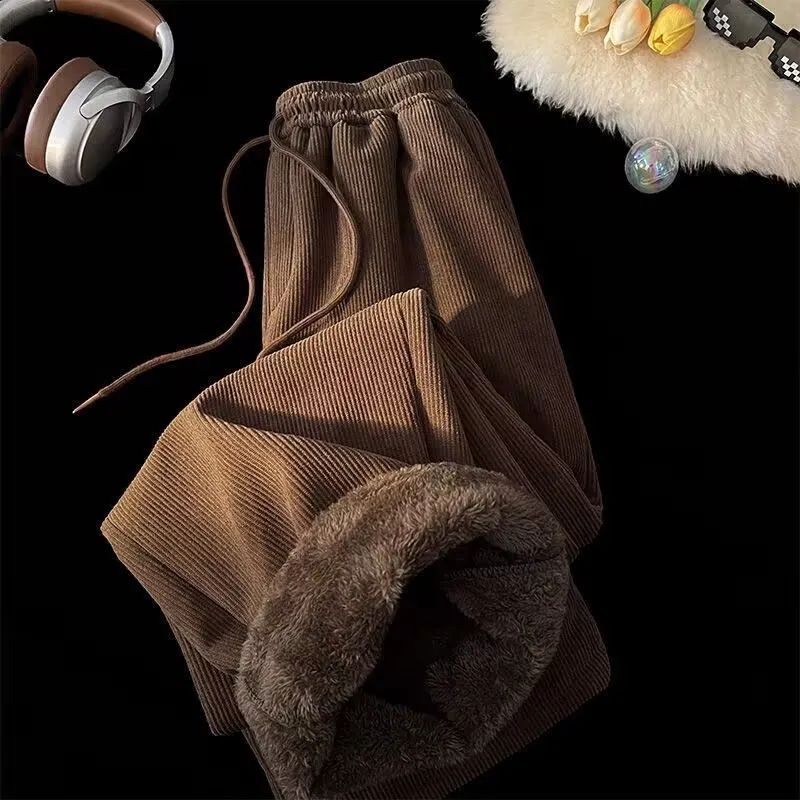 Velvet high waisted wide leg pants women winter new streetwear thickened lambskin corduroy pants lazy joggers women casual pants