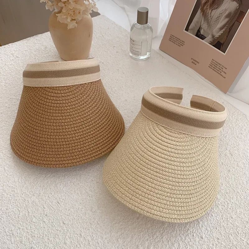 2025 New Summer Outdoor Visor Cap Casual Shade Hat Straw Wide Empty Top Sun Hat Anti Uv Female Large Brim Beach Sunhat Lady