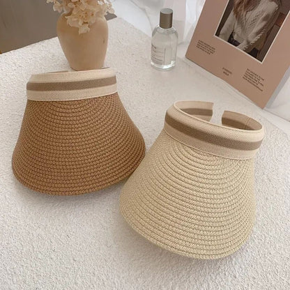 2025 New Summer Outdoor Visor Cap Casual Shade Hat Straw Wide Empty Top Sun Hat Anti Uv Female Large Brim Beach Sunhat Lady