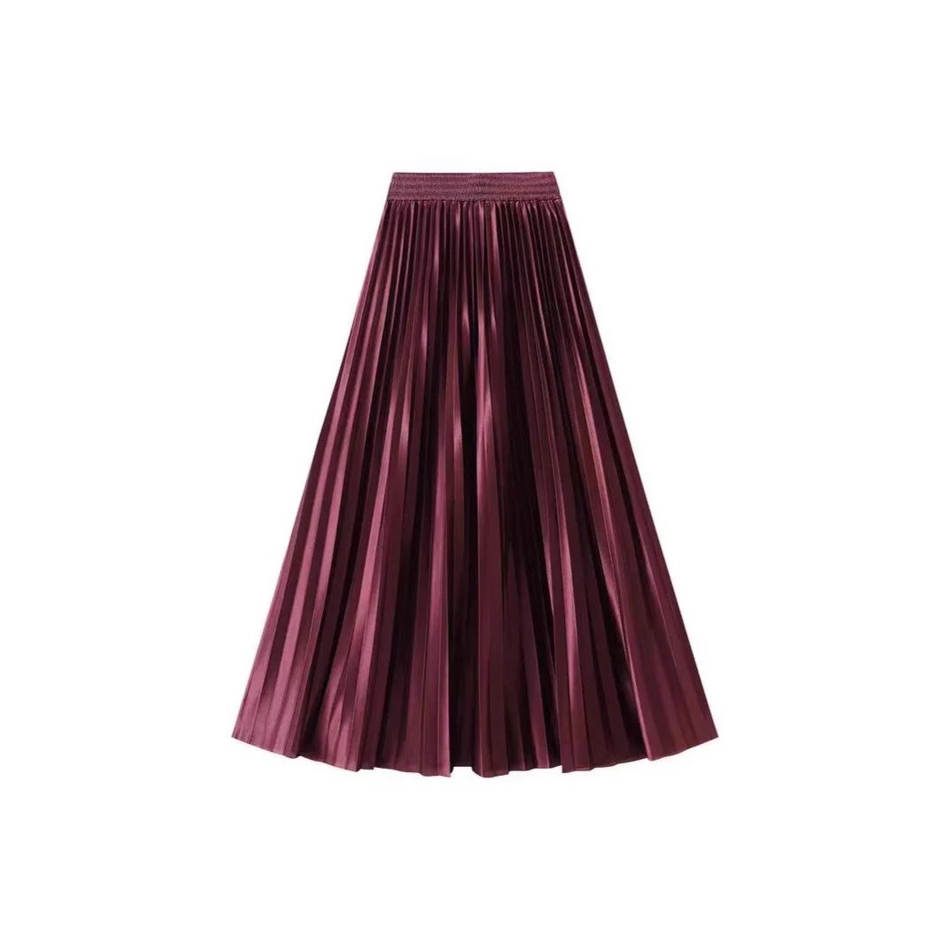 High Waist Satin Pleated Skirt 1 Meter Long Floor Length Pearl Glitter A- Line Umbrella Half Body Skirts Polyester Fiber